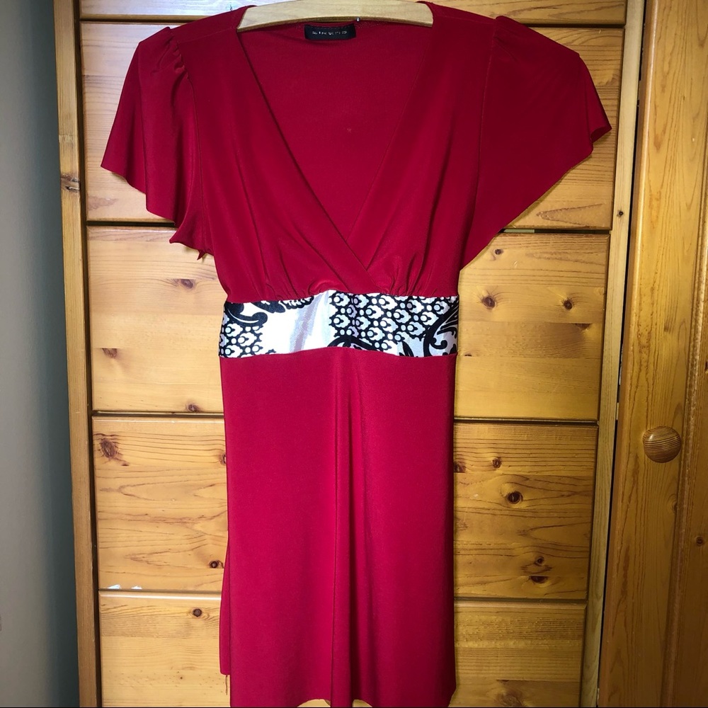 Red Belted V-Neck Blouse